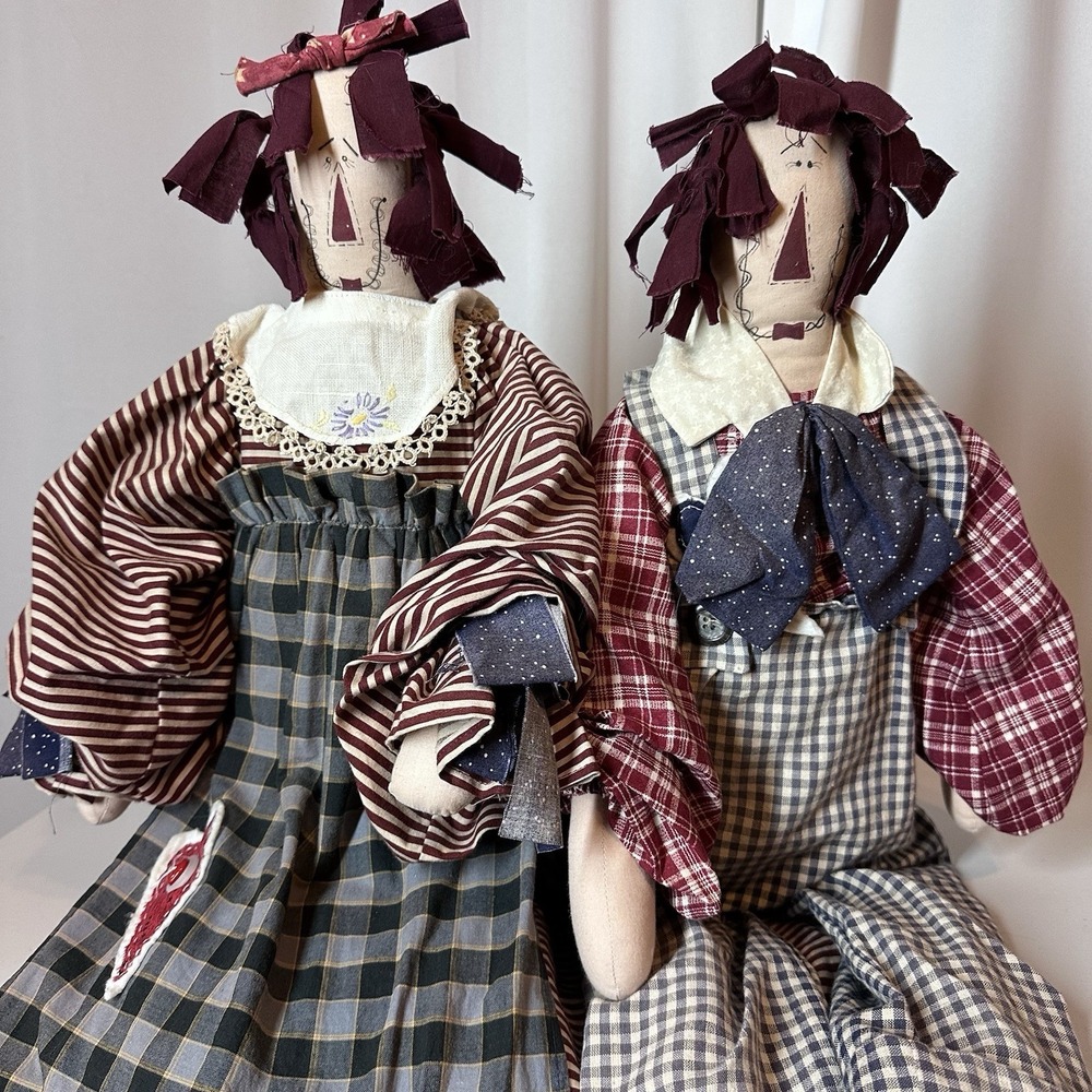 Vtg 36" Handmade Primitive Folk Art Rag Dolls Pair Country Americana Decor LARGE